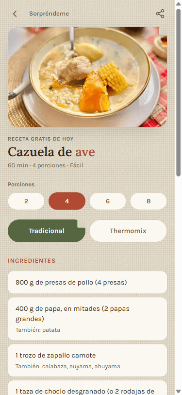 Receta de cazuela abierta en CocinaReal, con el selector Tradicional/Thermomix visible